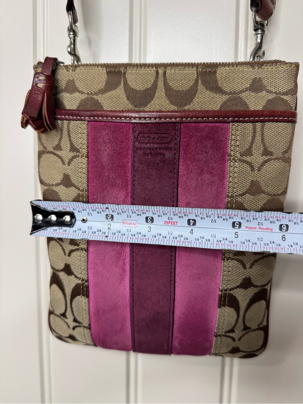 COACH 🎆 Signature Suede, Leather Crossbody Bag, Tan & Burgundy, Monogrammed Logo - Picture 7 of 16